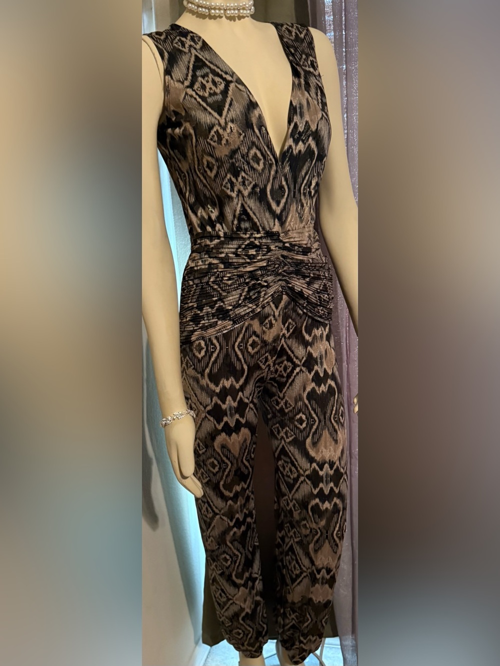 Sleeveless Brown & Black Printed V-Neck Jumpsuit